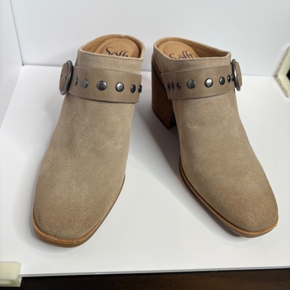Söfft Suede Leather Mules Studded Buckle Block Heel Clogs Shoes Womens Size 7 - Picture 2 of 10